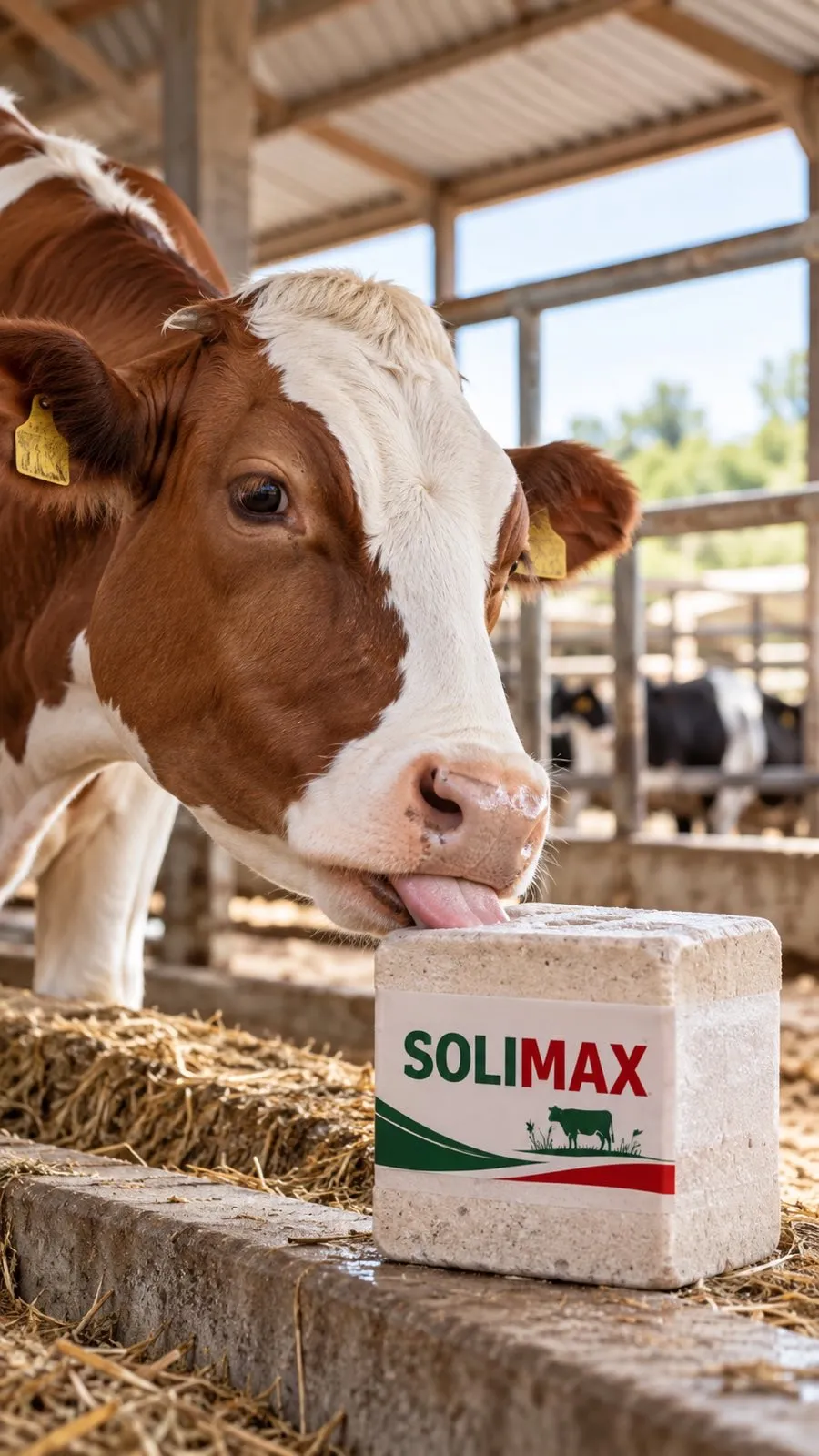 A cow licking a Solimax block in the barn